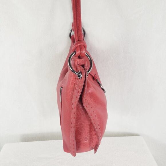 Vera Pelle Shoulder Bag Large Red Pebble Leather Purse with Ring Stitch Detail - Picture 5 of 11